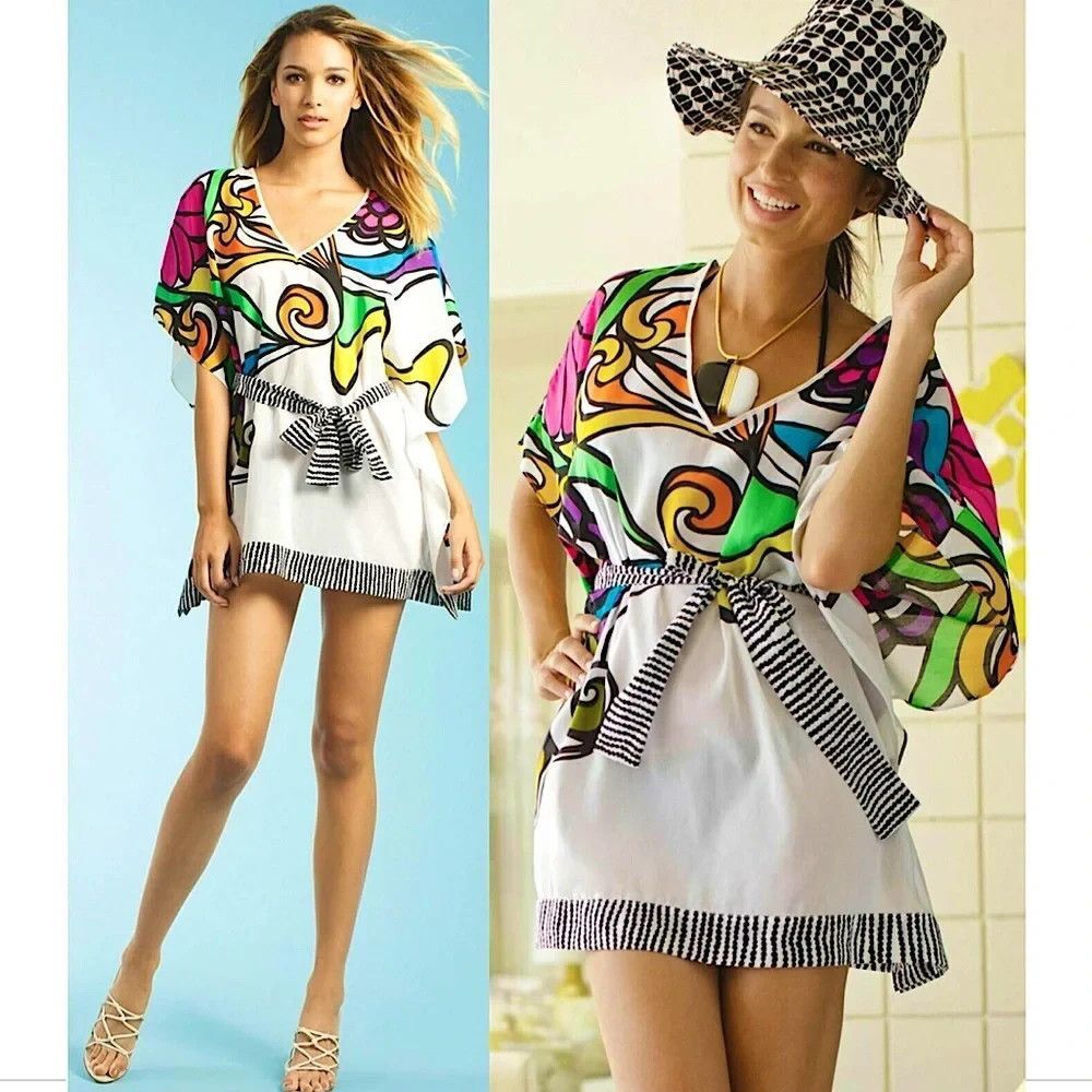 Trina Turk Aquarius Cotton Silk Caftan Swimsuit Cover Up Tunic Dress MEDIUM